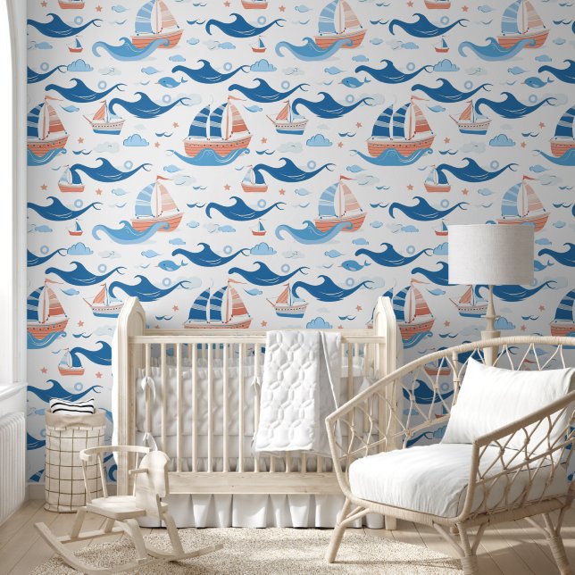 Cute Pattern of Boats In Waves, Clouds and Whales Wallpaper (Kids)