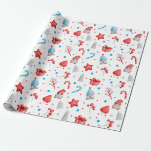 Cute Pattern of Gnomes, Stars, Candy Canes, Trees Wrapping Paper
