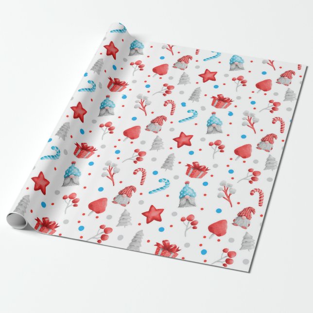 Cute Pattern of Gnomes, Stars, Candy Canes, Trees  Wrapping Paper (Unrolled)