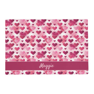 Cute Pattern Of Pink Hearts With Custom Name Placemat