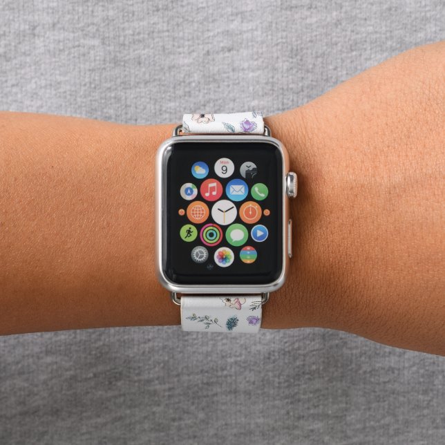 Cute Pattern White Chic Pink Botanical Apple Watch Band (In Situ)