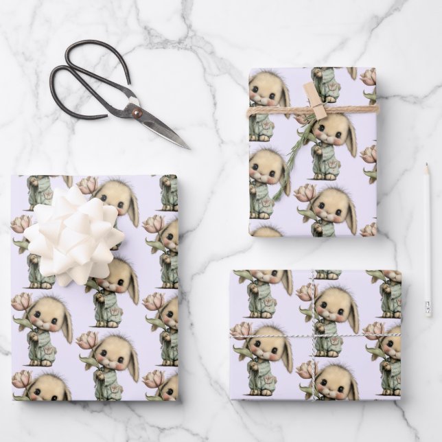 Cute Pattern with a Bunny Holding a Tulip Wrapping Paper Sheets (Front)