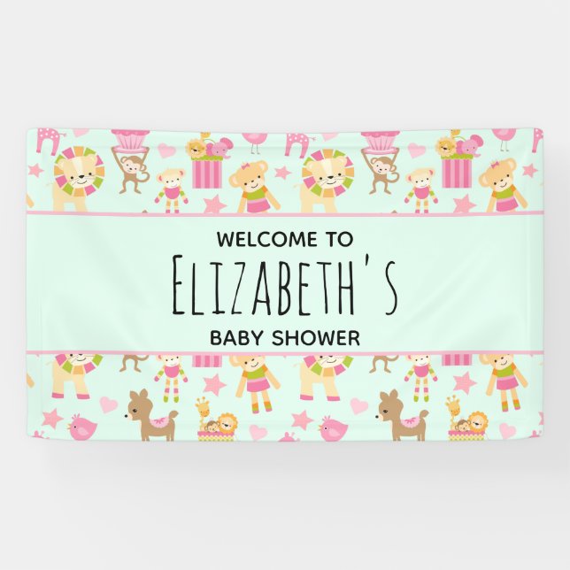 Cute Pattern with Happy Animals & Toys Baby Shower Banner (Horizontal)