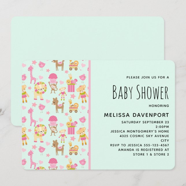 Cute Pattern with Happy Animals & Toys Baby Shower Invitation (Front/Back)