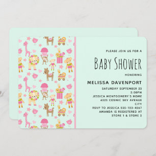 Cute Pattern with Happy Animals & Toys Baby Shower Invitation