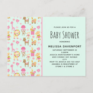 Cute Pattern with Happy Animals & Toys Baby Shower Invitation Postcard