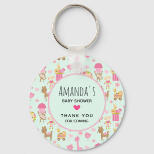 Cute Pattern with Happy Animals & Toys Baby Shower Keychain