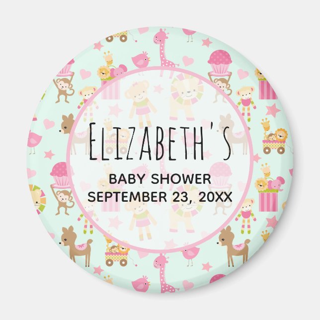 Cute Pattern with Happy Animals & Toys Baby Shower Magnet (Front)