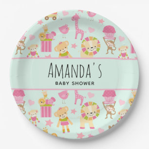 Cute Pattern with Happy Animals & Toys Baby Shower Paper Plates