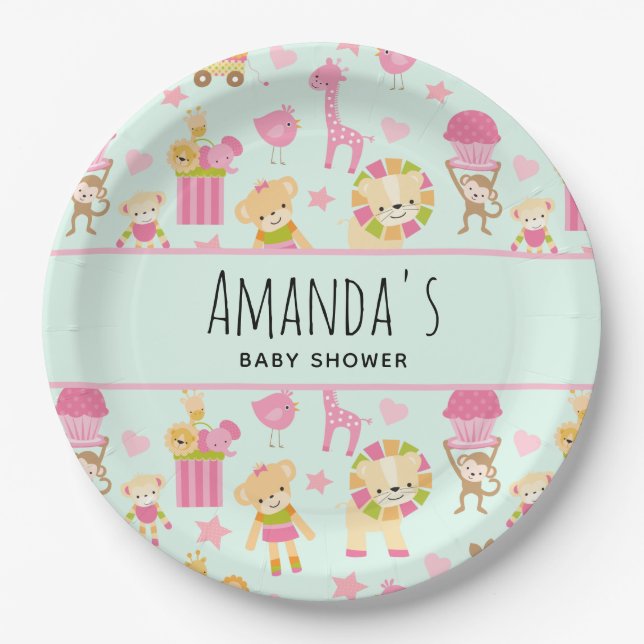Cute Pattern with Happy Animals & Toys Baby Shower Paper Plates (Front)