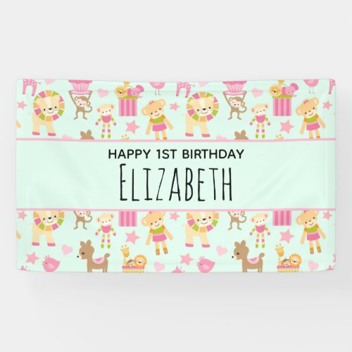Cute Pattern with Happy Animals  Toys Birthday Banner