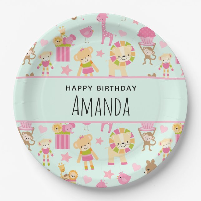 Cute Pattern with Happy Animals & Toys Birthday Paper Plates (Front)