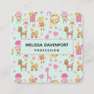 Cute Pattern with Happy Animals & Toys Square Business Card
