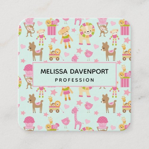 Cute Pattern with Happy Animals  Toys Square Business Card