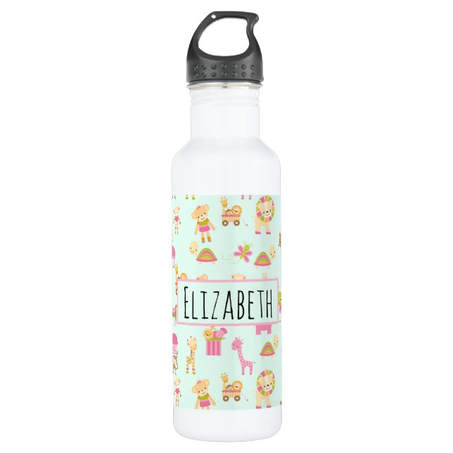 Cute Pattern with Happy Animals & Toys Stainless Steel Water Bottle (Front)