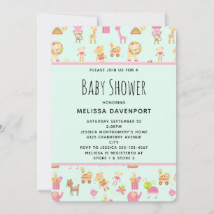 Cute Pattern with Nursery Animals Baby Shower Invitation