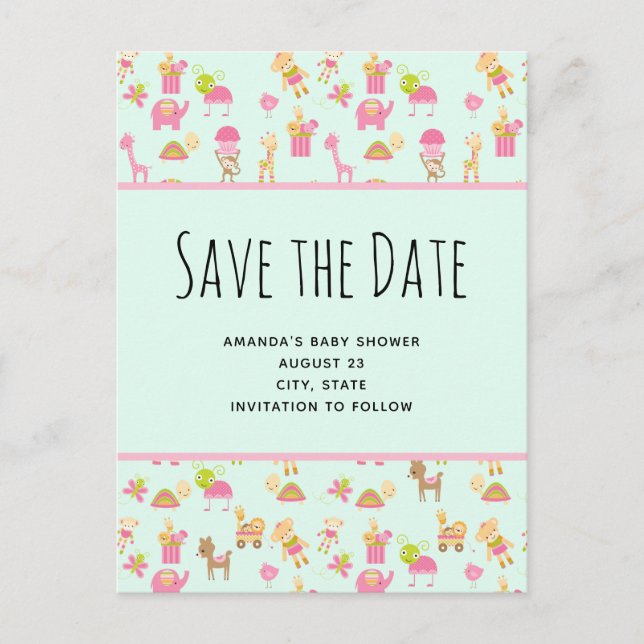 Cute Pattern with Nursery Animals Save the Date Invitation Postcard (Front)