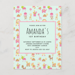 Cute Pattern with Nursery Animals & Toys Birthday Invitation Postcard