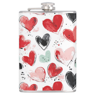 cute pattern with painted hearts watercolor  flask