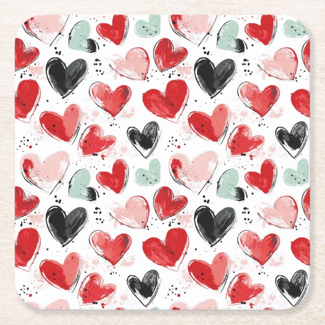 cute pattern with painted hearts watercolor  square paper coaster (Front)