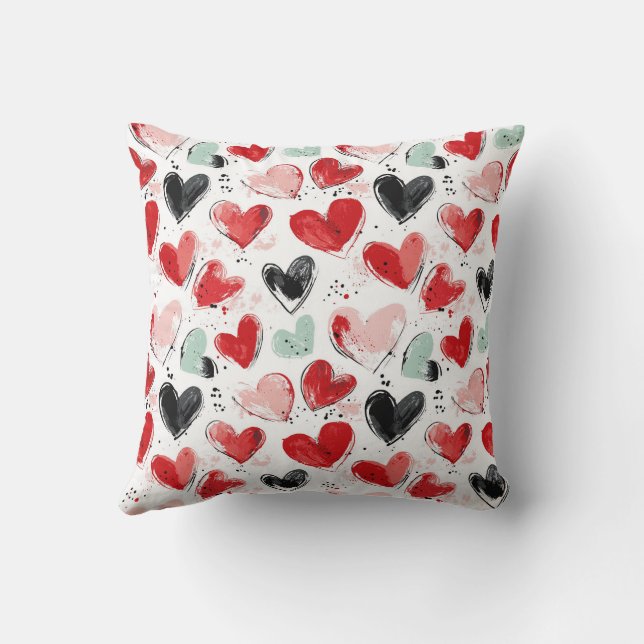 cute pattern with painted hearts watercolor  throw pillow (Back)