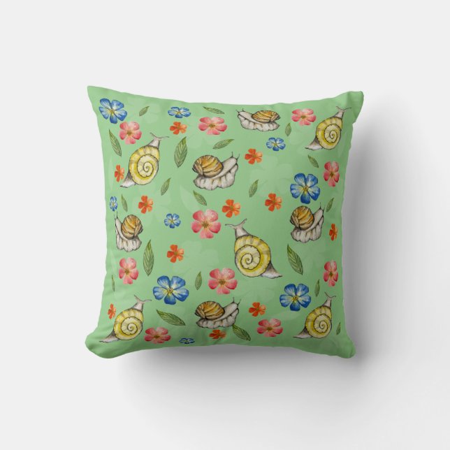 Cute pattern with snails and wildflowers throw pillow (Front)