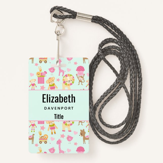 Cute Pattern with Whimsical Animals & Toys Badge (Front with Lanyard)