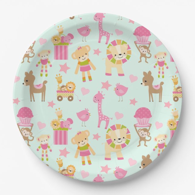 Cute Pattern with Whimsical Animals & Toys Paper Plates (Front)