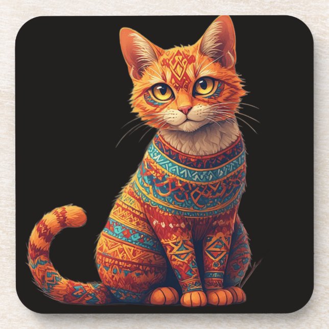 Cute Patterned Cat Illustration Folk Art Style Beverage Coaster (Front)
