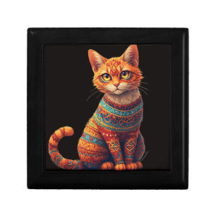 Cute Patterned Cat Illustration Folk Art Style Gift Box