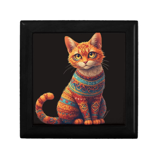 Cute Patterned Cat Illustration Folk Art Style Gift Box (Front)