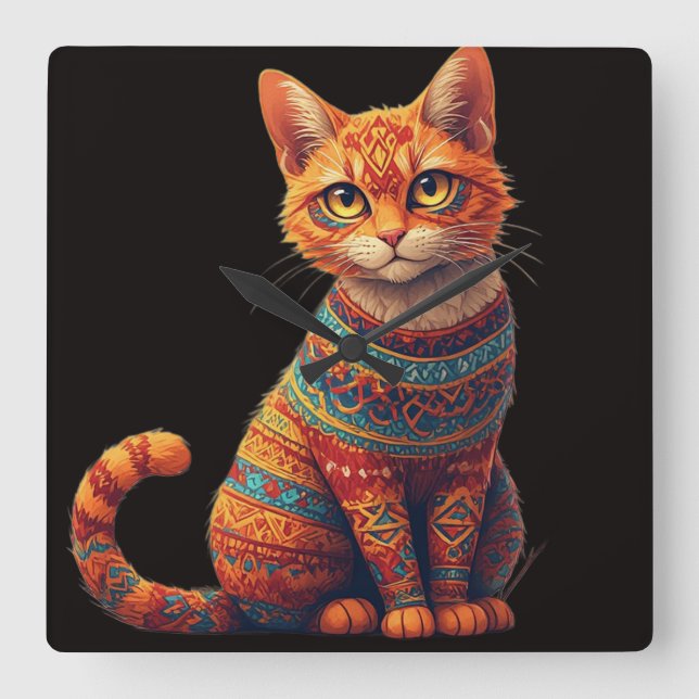 Cute Patterned Cat Illustration Folk Art Style Square Wall Clock (Front)