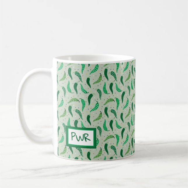 Cute Patterned Chile Peppers on Green Coffee Mug (Left)