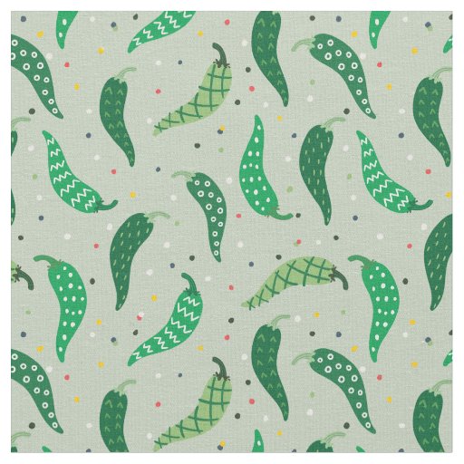 Cute Patterned Chile Peppers on Green Fabric