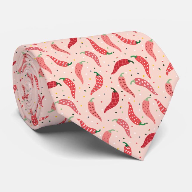 Cute Patterned Chile Peppers on Pink Neck Tie (Rolled)