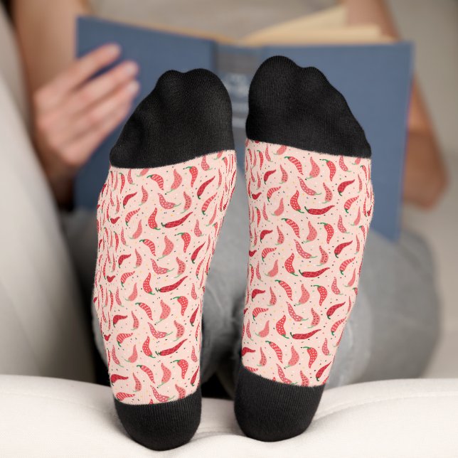 Cute Patterned Chile Peppers on Pink Socks (Bottom)