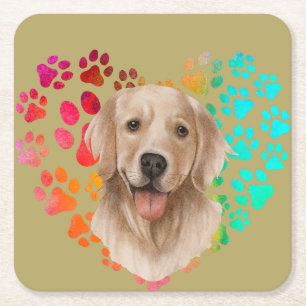 Cute paw Heart golden Dog Puppy Pet Animal party Square Paper Coaster