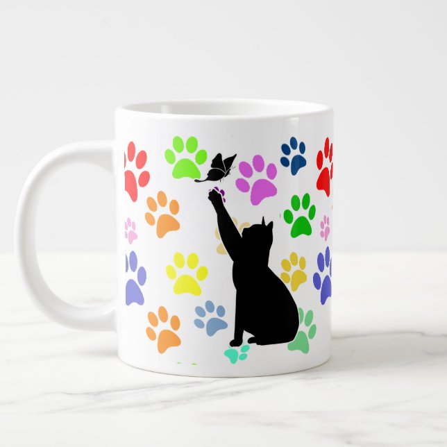 Cute Paw Pattern and Cat Chasing a butterfly Giant Coffee Mug (Left)