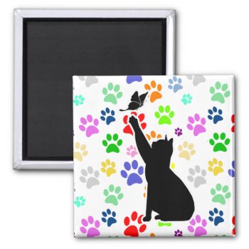 Cute Paw Pattern Cat Chasing A Butterfly Magnet by FUNNSTUFF4U at Zazzle