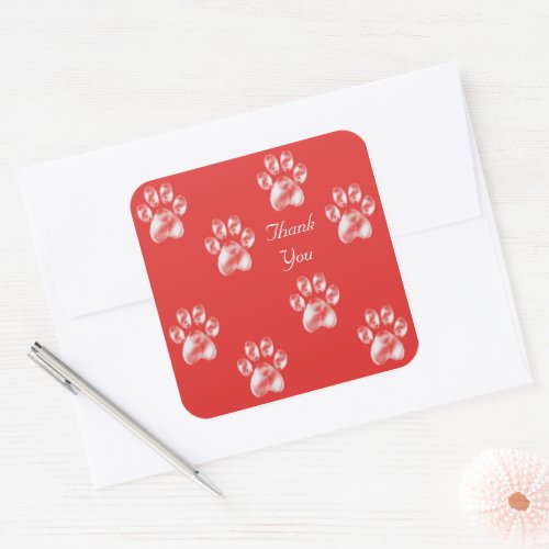 Cute Paw Pattern on Red Thank You Square Sticker