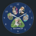 Cute Paw Print 5 Photo Dog Blue Large Clock<br><div class="desc">Beautiful dog tribute wall clock to celebrate a new puppy or create a memorial gift for a treasured pet who has passed away. Customize this cute paw print shaped design with a photograph in each of the adorable paw pads. Add your own dog or cat photos and personalize with a...</div>