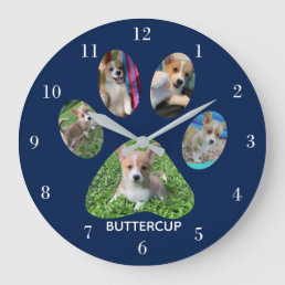 Cute Paw Print 5 Photo Dog Blue Large Clock