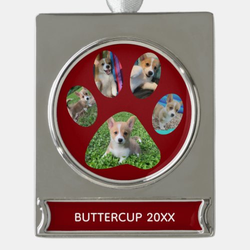 Cute Paw Print 5 Photo Dog Christmas Red Silver Plated Banner Ornament