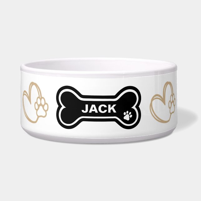 Cute Paw Print and Heart Personalized dog bowl (Front)