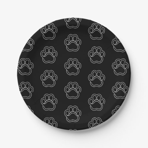 Cute Paw Print Animal Dog Lover White Line Contour Paper Plates