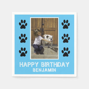 Cute Paw Print Boy Name Photo Birthday Party Napkins