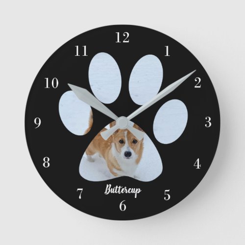 Cute Paw Print Dog Photo Custom Pet Owner Black Round Clock