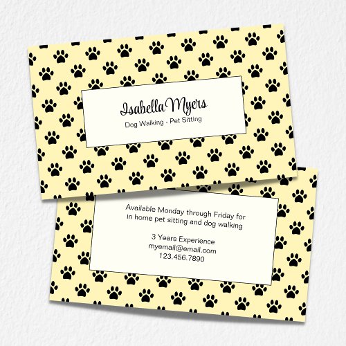 Cute Paw Print Dog Walker Pet Services Yellow Business Card