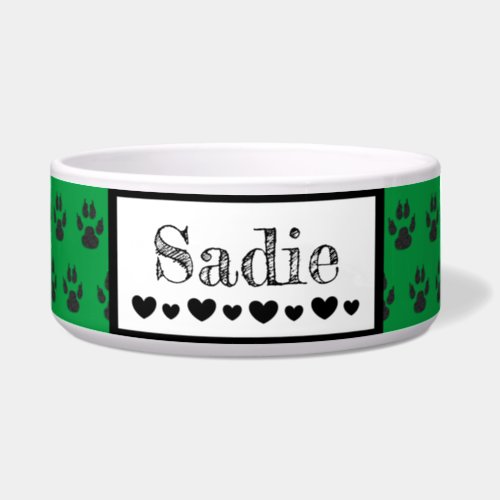 Cute Paw Print Dogs name and Hearts Custom Color Bowl