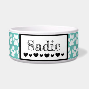 Cute Paw Print Dog's name and Hearts Custom Color Bowl
